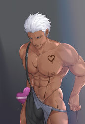 Rule 34 | 1boy, abs, apron, archer (fate), bara, bare pectorals, black apron, box, bulge, candy, chachi (soulga), chocolate, chocolate heart, chocolate on body, chocolate on pectorals, cowboy shot, dark-skinned male, dark skin, fate/grand order, fate/stay night, fate (series), food, from above, gift, heart, heart-shaped box, holding, holding gift, large pectorals, long sideburns, looking at viewer, male focus, male pubic hair, muscular, muscular male, naked apron, navel, navel hair, nipples, pectorals, pubic hair, seductive smile, short hair, sideburns, smile, solo, stomach, thick thighs, thighs, undressing another, valentine, white hair