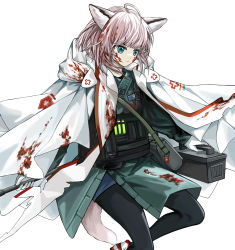 Rule 34 | 1girl, absurdres, animal ear fluff, animal ears, arknights, bag, black pantyhose, blood, blood in hair, blood on face, blue eyes, brown hair, commentary request, feet out of frame, fox ears, fox girl, fox tail, gloves, green jacket, highres, jacket, long sleeves, looking away, pantyhose, parted lips, shoes, shoulder bag, simple background, solo, sussurro (arknights), tail, tamashii-s, white background, white footwear, white gloves, white jacket