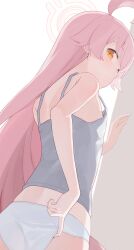 Rule 34 | 1girl, ahoge, blue archive, blue eyes, camisole, commentary, flat chest, from behind, grey camisole, halo, heterochromia, highres, hiroki (yyqw7151), hoshino (blue archive), long hair, looking at viewer, looking back, panties, pink hair, sleeveless, solo, underwear, very long hair, white panties, yellow eyes