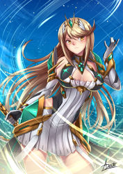 Rule 34 | 1girl, adsouto, armor, bare shoulders, blonde hair, blush, breasts, chest jewel, cleavage, cleavage cutout, clothing cutout, dress, earrings, frown, gem, gloves, hair ornament, headpiece, highres, holding, holding sword, holding weapon, jewelry, large breasts, long hair, looking at viewer, mythra (xenoblade), nintendo, red shorts, shorts, shoulder armor, solo, swept bangs, sword, tiara, very long hair, weapon, xenoblade chronicles (series), xenoblade chronicles 2, yellow eyes