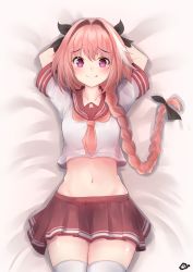 Rule 34 | 1boy, :p, absurdres, arms behind head, arms up, astolfo (fate), astolfo (sailor paladin) (fate), bed sheet, black bow, blush, bow, braid, closed mouth, collarbone, commentary request, cowboy shot, fate/grand order, fate (series), from above, hair bow, hair intakes, highres, hiromaster sinta jh, long hair, looking at viewer, lying, male focus, miniskirt, navel, neckerchief, official alternate costume, on back, pink hair, pink neckerchief, pink sailor collar, pink skirt, pleated skirt, purple eyes, sailor collar, school uniform, serafuku, shirt, short sleeves, signature, single braid, skirt, smile, solo, stomach, tareme, thighhighs, tongue, tongue out, trap, very long hair, white hair, white shirt, white thighhighs, zettai ryouiki
