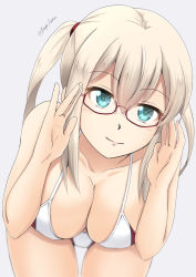Rule 34 | 1girl, alternate costume, aqua eyes, bikini, blonde hair, blush, breasts, closed mouth, fuuma nagi, glasses, graf zeppelin (kancolle), grey background, hair between eyes, kantai collection, large breasts, long hair, looking at viewer, side ponytail, simple background, smile, solo, swimsuit