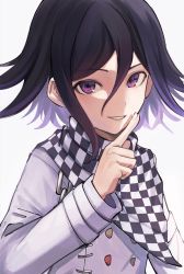 Rule 34 | 1boy, black hair, bojue (hakus 1128), buttons, checkered clothes, checkered scarf, danganronpa (series), danganronpa v3: killing harmony, flipped hair, grey background, grey jacket, hair between eyes, hand up, highres, index finger raised, jacket, long sleeves, male focus, medium hair, multicolored hair, oma kokichi, parted lips, pink eyes, pink hair, scarf, simple background, smile, solo, teeth, two-tone hair
