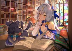 1girl bare_shoulders blue_dress blue_veil book commentary dog dress duonigue_(honkai_impact) english_commentary globe head_rest highres honkai_(series) honkai_impact_3rd indoors library long_hair long_sleeves mush_(mushlicious) revision serapeum_(honkai_impact) smile stained_glass tail tail_wagging veil white_hair white_sleeves yellow_eyes