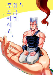 Rule 34 | 1boy, anzumame, grey hair, in palm, jean pierre polnareff, jojo no kimyou na bouken, kakyoin noriaki, kneeling, korean text, mini person, miniboy