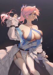 Rule 34 | 1girl, absurdres, artist name, bare shoulders, belt, black background, blue eyes, breasts, cleavage, collarbone, commentary request, criss-cross halter, detached sleeves, garter straps, gradient background, hair ornament, halterneck, hand up, highres, koi han, large breasts, lisp, long hair, o-ring, open mouth, original, pink hair, ponytail, shiny skin, sleeveless, solo, thighhighs, white thighhighs