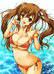 Rule 34 | 1girl, bikini, breasts, brown eyes, brown hair, character request, cleavage, hair ornament, hairclip, large breasts, long hair, looking at viewer, mole, nanatsugumi, navel, open mouth, polka dot, polka dot bikini, polka dot swimsuit, shiny skin, side-tie bikini bottom, skindentation, smile, solo, strap pull, swimsuit, twintails, underboob, undressing, water, wet