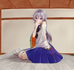 Rule 34 | 1girl, alternate hairstyle, blue eyes, blue skirt, closed mouth, commentary request, full body, grey hair, highres, indoors, long hair, looking at viewer, mikotouca, mononobe no futo, no headwear, pom pom (clothes), ribbon-trimmed sleeves, ribbon trim, sitting, skirt, smile, solo, touhou, variant set