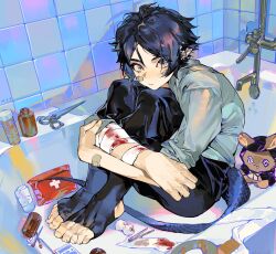 Rule 34 | 1boy, arknights, bandaged arm, bandages, bandaid, bandaid on cheek, bandaid on face, bathroom, bathtub, black hair, black pantyhose, black tail, blood, blood on face, bloody bandages, blue eyes, blue shirt, closed mouth, faucet, gauze, highres, hugging own legs, indoors, looking at viewer, male focus, pantyhose, pill bottle, pointy ears, scales, scissors, shirt, short hair, sitting, slit pupils, solo, stuffed toy, tail, toes, yuirua55234, zuo le (arknights)