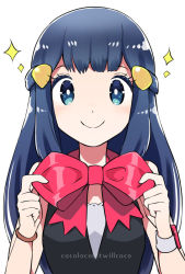 Rule 34 | 1girl, artist name, black hair, blue eyes, bow, bracelet, bright pupils, closed mouth, cocoloco, commentary request, creatures (company), dawn (pokemon), eyelashes, game freak, hair ornament, holding, holding bow (ornament), jewelry, light blush, looking at viewer, nintendo, pink bow, pokemon, pokemon dppt, simple background, sleeveless, smile, solo, sparkle, upper body, v-neck, white background, wristband