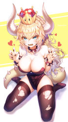 Rule 34 | 1girl, absurdres, armlet, bad id, bad pixiv id, bare legs, bare shoulders, black footwear, black leotard, black thighhighs, blonde hair, blue eyes, blue gemstone, blush, bowsette, bracelet, breasts, cleavage, collar, crown, earrings, eyelashes, fingernails, full body, gem, highres, horns, jewelry, large breasts, leotard, long hair, looking at viewer, mario (series), new super mario bros. u deluxe, nintendo, pointy ears, ponytail, sharp fingernails, sitting, skindentation, solo, spiked armlet, spiked bracelet, spiked collar, spikes, spread legs, standing, strapless, strapless leotard, super crown, thighhighs, thighs, torn clothes, torn thighhighs, white horns