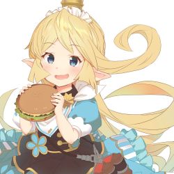 Rule 34 | 1girl, :d, bad id, bad twitter id, blue dress, blue eyes, burger, charlotta (granblue fantasy), commentary request, dress, flipped hair, food, frilled dress, frills, granblue fantasy, harvin, long hair, looking at viewer, maid headdress, o (rakkasei), open mouth, pointy ears, puffy short sleeves, puffy sleeves, short sleeves, simple background, smile, solo, very long hair, white background