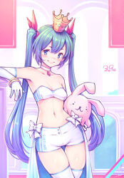 Rule 34 | 1girl, 39, bare shoulders, blue eyes, blue hair, breasts, choker, cowboy shot, crown, elbow gloves, gloves, gogatsu no renkyuu, hair ribbon, hatsune miku, highres, long hair, looking at viewer, midriff, miku day, navel, ribbon, short shorts, shorts, small breasts, smile, solo, strapless, stuffed animal, stuffed rabbit, stuffed toy, thighhighs, tube top, twintails, very long hair, vocaloid, white choker, white gloves