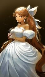 Rule 34 | 1girl, absurdres, breasts, brown eyes, brown hair, closed mouth, copyright request, cup, detached sleeves, dress, earrings, gloves, highres, holding, holding cup, jewelry, long dress, long hair, looking at viewer, lumeru 33, medium breasts, mug, puffy detached sleeves, puffy short sleeves, puffy sleeves, short sleeves, solo, strapless, strapless dress, very long hair, white dress, white gloves