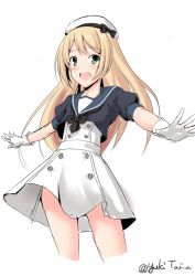 Rule 34 | 1girl, blonde hair, blue eyes, blue sailor collar, cropped legs, dress, gloves, hat, highres, jervis (kancolle), kantai collection, looking at viewer, open mouth, outstretched arms, sailor collar, sailor dress, sailor hat, short sleeves, simple background, smile, solo, taira yuuki, twitter username, white background, white dress, white gloves, white hat