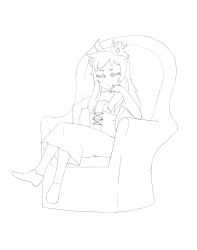 Rule 34 | 1girl, absurdres, breasts, chair, cleavage, crown, full body, greyscale, highres, hoppou, kantai collection, lineart, long hair, monochrome, northern ocean princess, simple background, sitting, solo, source request, third-party source, white background