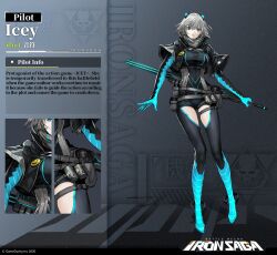 Rule 34 | 1girl, artist request, belt, black jacket, blue eyes, blue footwear, bodysuit, boots, breasts, character name, copyright name, crossover, full body, gloves, grey hair, hair ornament, highres, holding, holding sword, holding weapon, icey, icey (game), iron saga, jacket, large breasts, medium breasts, official art, scarf, short hair, short shorts, shorts, smiley face, sword, thigh boots, thigh strap, weapon