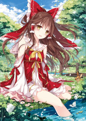 Rule 34 | 1girl, :d, alternate costume, animal, arms at sides, bare legs, bare shoulders, barefoot, blue sky, blush, bow, bridge, brown hair, bug, butterfly, collarbone, day, detached sleeves, dress, eyebrows, field, floating hair, flower, flower field, frilled bow, frills, grass, hair bow, hair tubes, hakurei reimu, insect, long hair, long sleeves, mochizuki shiina, motiduki-siina, nature, open mouth, outdoors, plant, ponytail, rabbit, red bow, river, shore, short dress, sidelocks, sitting, sky, smile, soaking feet, solo, touhou, tree, very long hair, water, white dress, wide sleeves, wind, yellow bow, yellow eyes