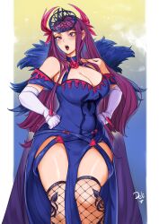 Rule 34 | 1girl, absurdres, bare shoulders, blue choker, blue dress, blush, breasts, choker, cleavage, commentary, deliciousbrain, dress, elbow gloves, feet out of frame, fire emblem, fire emblem engage, fishnet thighhighs, fishnets, gloves, hands on own hips, highres, ivy (fire emblem), large breasts, long hair, looking at viewer, nintendo, off-shoulder dress, off shoulder, open mouth, pelvic curtain, purple eyes, purple hair, short sleeves, solo, standing, thighhighs, thighs, very long hair, white gloves