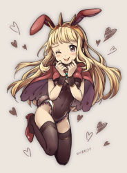 Rule 34 | 10s, 1girl, ;p, absurdres, animal ears, blonde hair, cagliostro (granblue fantasy), cape, fake animal ears, granblue fantasy, highres, leotard, long hair, one eye closed, playboy bunny, purple eyes, rabbit ears, solo, thighhighs, tongue, tongue out, usabutapon, wristband