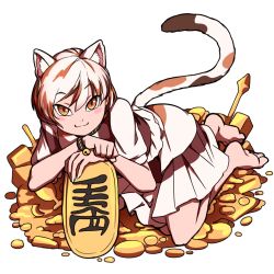 Rule 34 | 1girl, :3, animal ears, barefoot, bell, blush, brown hair, calico, cat ears, cat girl, cat tail, coin, gold, goutokuji mike, jingle bell, koban (gold), looking at viewer, mefomefo, multicolored hair, orange eyes, short hair, simple background, solo, tail, touhou, two-tone hair, unconnected marketeers, white background, white hair