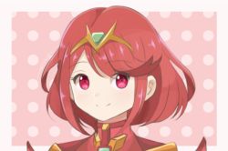 Rule 34 | 1girl, chest jewel, chocomiru, closed mouth, earrings, gem, headpiece, jewelry, polka dot, polka dot background, pyra (xenoblade), red eyes, red hair, short hair, smile, solo, swept bangs, tiara, turtleneck, upper body, xenoblade chronicles (series), xenoblade chronicles 2