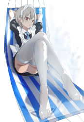 Rule 34 | 1girl, apron, arms behind head, bad id, bad pixiv id, commentary, crossed legs, hammock, maid, maid apron, maid headdress, nail polish, no shoes, original, panties, pantyshot, puffy short sleeves, puffy sleeves, reclining, red eyes, short hair, short sleeves, silver hair, solo, thighhighs, toes, underwear, unimon e, white panties, white thighhighs