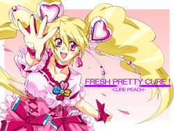 Rule 34 | 00s, 1girl, :d, blonde hair, bow, character name, choker, copyright name, cure peach, dress, earrings, eyelashes, fresh precure!, frills, hair ornament, hairpin, happy, heart, heart hair ornament, itahana azumi, jewelry, long hair, magical girl, momozono love, open mouth, pink eyes, precure, ribbon, smile, solo, twintails, wrist cuffs