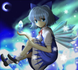 Rule 34 | 1girl, blue dress, blue eyes, blue hair, bow, bowtie, bunchou (bunchou3103), cirno, dress, fairy, from side, hair bow, ice, mary janes, matching hair/eyes, moon, night, perfect cherry blossom, shoes, short hair, sitting, smile, snow, snowflakes, socks, solo, touhou, wings, yousei daisensou