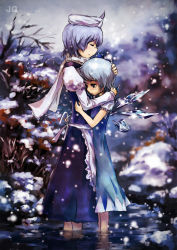 Rule 34 | 2girls, blue hair, cirno, closed eyes, comforting, female focus, hand on another&#039;s head, highres, hug, jq, letty whiterock, multiple girls, ribbon, scarf, short hair, snow, tears, touhou, wading, water