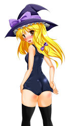 Rule 34 | 1girl, adjusting clothes, adjusting swimsuit, bad id, bad pixiv id, black thighhighs, blonde hair, blush, braid, fang, female focus, from behind, hat, highres, kirisame marisa, looking back, one-piece swimsuit, school swimsuit, shiny clothes, skindentation, solo, standing, swimsuit, tera hiroshi, thighhighs, touhou, witch hat, yellow eyes