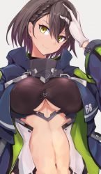 Rule 34 | 1girl, ahoge, azur lane, baltimore (azur lane), blue coat, braid, breasts, brown hair, center opening, closed mouth, clothing cutout, coat, commentary, crop top, french braid, gloves, hair between eyes, hand on own head, hand up, head tilt, highres, hood, hood down, hooded coat, large breasts, long sleeves, looking at viewer, marshall k, multicolored coat, navel, open clothes, open coat, short hair, sidelocks, simple background, smile, solo, standing, stomach, stomach cutout, taut clothes, underboob, underboob cutout, upper body, white background, white gloves, yellow eyes