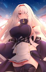 Rule 34 | 1girl, anchor symbol, azur lane, black thighhighs, blue coat, blue dress, blush, breasts, camilitrox cr, cloud, cloudy sky, coat, colorado (azur lane), commentary, commission, covered navel, cowboy shot, dawn, dress, english commentary, hair between eyes, hairband, highres, large breasts, long hair, looking at viewer, off shoulder, outdoors, parted lips, red eyes, shooting star, short dress, sideboob, silver hair, sky, sleeveless, sleeveless dress, solo, star (sky), starry sky, thighhighs, thighs, two-tone dress, white dress