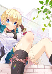 Rule 34 | 1girl, at-yui, between thighs, blonde hair, blue bow, blue eyes, blue skirt, blush, boots, bow, brick, building, chestnut mouth, crack, floral print, hair bow, highres, leaf, long hair, long sleeves, looking to the side, original, outdoors, pleated skirt, sitting, skirt, sky, solo, stitches, string, sword, weapon