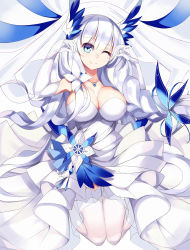 Rule 34 | 1girl, 7 (vin), ;), azur lane, blue eyes, blunt bangs, braid, breasts, cleavage, closed mouth, commentary request, elbow gloves, gloves, highres, illustrious (azur lane), illustrious (illustrious ball) (azur lane), jewelry, large breasts, long hair, looking at viewer, mole, mole under eye, necklace, one eye closed, silver hair, single braid, smile, solo, veil, white gloves, white legwear