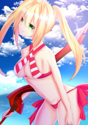 Rule 34 | bikini, blonde hair, blush, caster (nero claudius), fate/grand order, fate (series), green eyes, long hair, sky, smile, swimsuit, twintails