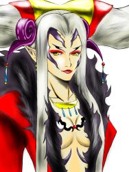 Rule 34 | 1990s (style), 1girl, bad id, bad pixiv id, breasts, cleavage, dress, earrings, facial mark, female focus, final fantasy, final fantasy viii, grey hair, highres, jewelry, lips, lipstick, makeup, medium breasts, necklace, pointy ears, solo, ultimecia, white background, yellow eyes
