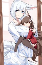 Rule 34 | 2girls, absurdres, amagi-chan (azur lane), azur lane, blue eyes, breast pillow, breasts, brown hair, brown pantyhose, brown tail, carrying, carrying person, collarbone, commentary, dated commentary, flower, fox girl, fox tail, hair flower, hair ornament, hand on another&#039;s shoulder, highres, indoors, japanese clothes, kaga (azur lane), kimono, kitsune, kyuubi, large breasts, long hair, looking at viewer, multiple girls, multiple tails, one eye closed, pantyhose, purple eyes, red kimono, samip, short hair, sleepy, smile, tail, white hair, white kimono, white tail