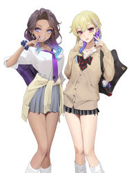 2girls absurdres bad_id bad_pixiv_id black_nails blonde_hair breasts brown_cardigan brown_hair cardigan clothes_around_waist collarbone dark-skinned_female dark_skin grey_skirt gyaru hair_ornament hand_up hands_up highres humanization jewelry long_hair long_sleeves looking_at_viewer marina_(splatoon) medium_breasts multiple_girls nail_polish necklace necktie nintendo octoling ohisashiburi open_mouth pearl_(splatoon) pink_eyes plaid_clothes plaid_skirt pleated_skirt purple_eyes purple_neckwear simple_background skirt sleeves_past_wrists smile splatoon_(series) splatoon_2 standing star_(symbol) star_hair_ornament sweater sweater_around_waist teeth v v_over_mouth white_background