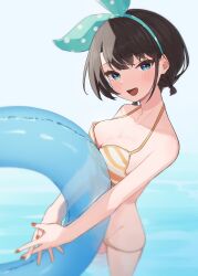Rule 34 | 1girl, :d, absurdres, aqua eyes, bikini, bikini pull, blurry, blush, bow, bow hairband, breast press, breasts, brown hair, cleavage, clothes pull, commentary, depth of field, foreshortening, groin, hair bow, hairband, halterneck, highres, holding, holding swim ring, hololive, innertube, looking at viewer, medium breasts, nail polish, official alternate costume, official alternate hairstyle, oozora subaru, oozora subaru (hololive summer 2019), open mouth, orange bikini, orange nails, polka dot hairband, short hair, sl10 d, smile, solo, striped bikini, striped clothes, swept bangs, swim ring, swimsuit, virtual youtuber