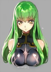 Rule 34 | 1girl, blush, breasts, c.c., code geass, creayus, cropped torso, green hair, grey background, long hair, looking at viewer, simple background, solo, twitter username