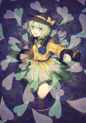 Rule 34 | 1girl, :d, akeno-com, black footwear, black hat, blouse, boots, bow, buttons, commentary, diamond button, eyebrows hidden by hair, floral print, flower, frilled shirt collar, frilled sleeves, frills, full body, green eyes, green hair, green skirt, hair between eyes, hat, hat bow, heart, heart of string, highres, komeiji koishi, leaf, long sleeves, looking at viewer, open mouth, rose, rose print, shirt, short hair, skirt, smile, solo, teeth, third eye, tongue, touhou, upper teeth only, wavy hair, wide sleeves, yellow bow, yellow shirt