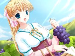 Rule 34 | 1girl, blonde hair, blue eyes, bow, food, fruit, game cg, grapes, hair bow, sky, solo, tagme