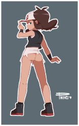 Rule 34 | 1girl, baseball cap, blue eyes, bottomless, breasts, brown hair, cleft of venus, closed mouth, creatures (company), game freak, hat, highres, hilda (pokemon), long hair, looking back, nintendo, phinci, pokemon, pokemon bw, ponytail, pussy, solo, uncensored