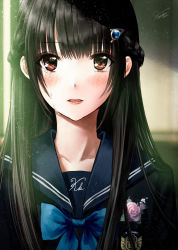 Rule 34 | 1girl, black hair, black shirt, blue bow, blue gemstone, blue sailor collar, blurry, blurry background, blush, bow, braid, brown eyes, collarbone, commentary request, corsage, crying, crying with eyes open, depth of field, emblem, flower, french braid, gem, hair ornament, hairclip, highres, indoors, kazuharu kina, light particles, lips, long hair, looking at viewer, original, parted lips, pink flower, pink rose, rose, sailor collar, school uniform, serafuku, shirt, signature, solo, straight hair, streaming tears, tears, upper body