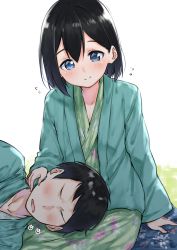 Rule 34 | 1boy, 1girl, arm support, black hair, blue eyes, blush, brother and sister, closed mouth, collarbone, commentary request, fingernails, flying sweatdrops, green kimono, hair between eyes, head tilt, highres, japanese clothes, kimono, long sleeves, lying, on side, open mouth, original, print kimono, siblings, sleeves past wrists, smile, suzunari raiga, suzunari shizuku, wavy mouth, white background, wide sleeves, yuki arare