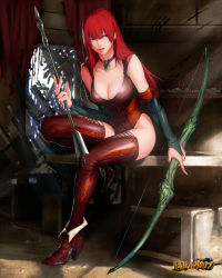 Rule 34 | 1girl, arrow (projectile), blue eyes, boots, bow (weapon), breasts, bridal gauntlets, choker, cleavage, delta zone, leather, leotard, long hair, red hair, shikkoku no regalia, sitting, solo, thighhighs, weapon