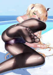 Rule 34 | 1girl, bare shoulders, blonde hair, blush, breasts, brown pantyhose, competition swimsuit, eyepatch, feet, fischl (genshin impact), genshin impact, green eyes, hair over one eye, highres, legs, long hair, looking at viewer, lying, medium breasts, on side, one-piece swimsuit, pantyhose, pantyhose under swimsuit, shirosaba, solo, swimsuit, two side up