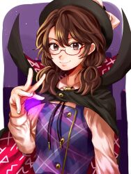 Rule 34 | 1girl, black cape, black hat, border, bow, brown eyes, brown hair, buttons, cape, cloak, closed mouth, clothes writing, collared shirt, fedora, glasses, hat, hat bow, high collar, highres, kuya (hey36253625), long sleeves, low twintails, plaid, plaid vest, purple cape, purple vest, quimbaya airplane, school uniform, shirt, smile, solo, touhou, twintails, upper body, usami sumireko, vest, white border, white bow, white shirt