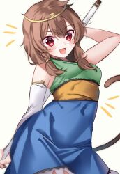 Rule 34 | 1girl, blue dress, blush, brown hair, circlet, covered navel, detached sleeves, dress, green dress, highres, long hair, low twintails, meimei (meimei89008309), multicolored clothes, multicolored dress, open mouth, red eyes, simple background, single detached sleeve, smile, solo, son biten, test tube, touhou, twintails, unfinished dream of all living ghost, white background, white sleeves, yellow dress